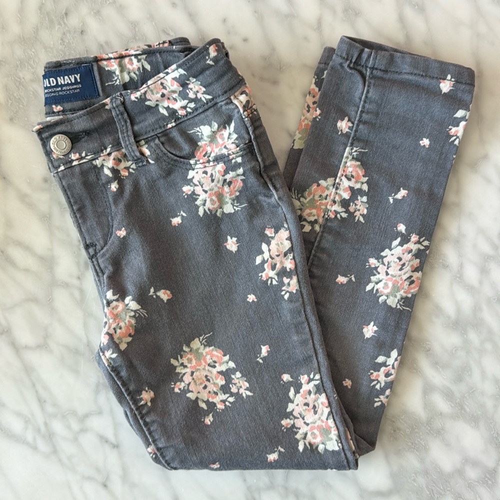 🌼OLD NAVY🌼 Girls Grey Floral Rockstar Jeggings, Size 5 Regular